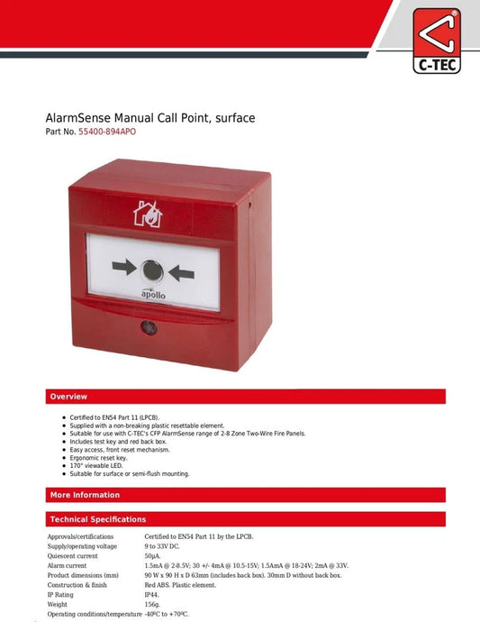 Apollo AlarmSense Manual Call Point, surface 55400-894APO