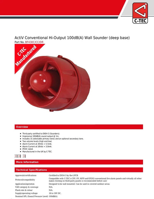 C-TEC ActiV Conventional Hi-Output 100dB(A) Wall Sounder(deep base) BF430C/CC/DR